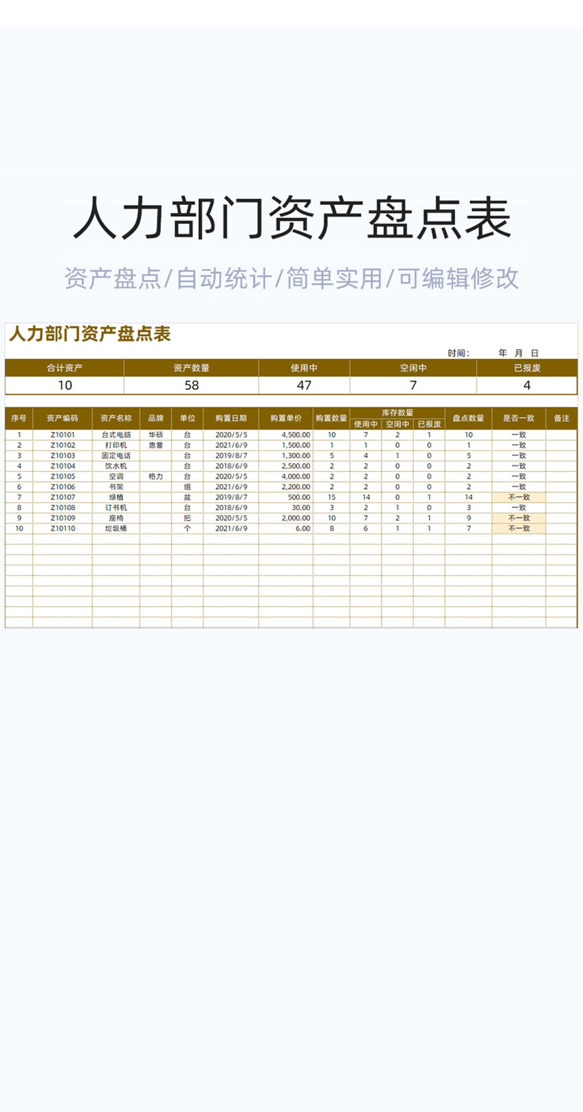 人力部门资产盘点表格excel模板插图