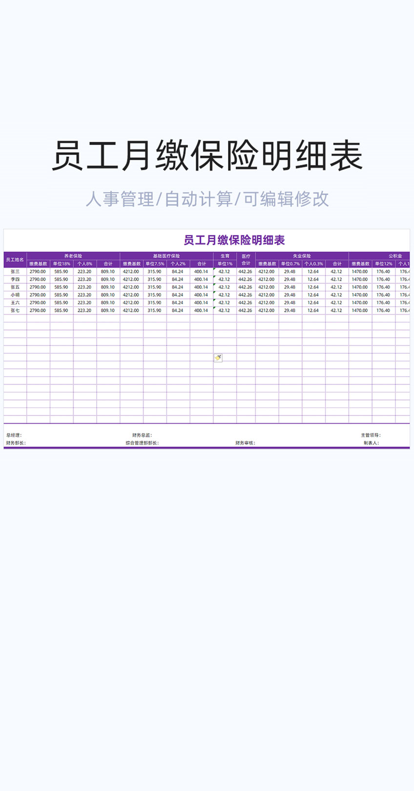 员工月缴保险明细表格excel模板插图