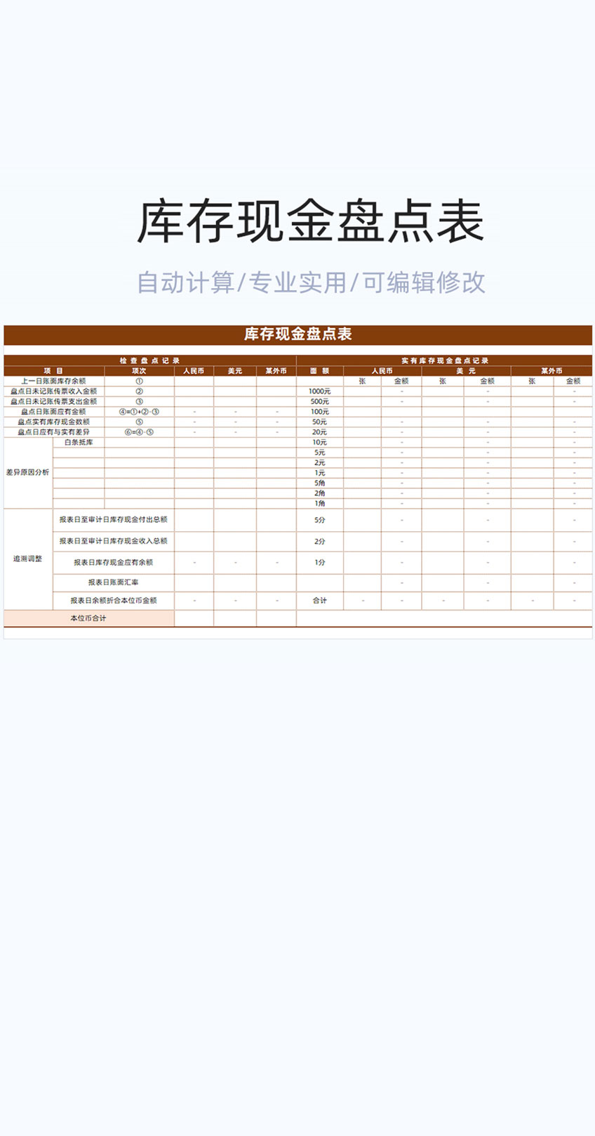 库存现金盘点表格模版excel表插图