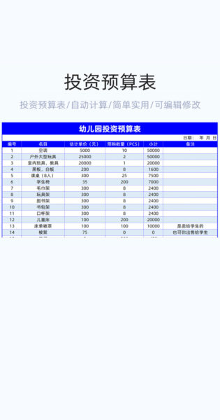 投资预算表格excel模板