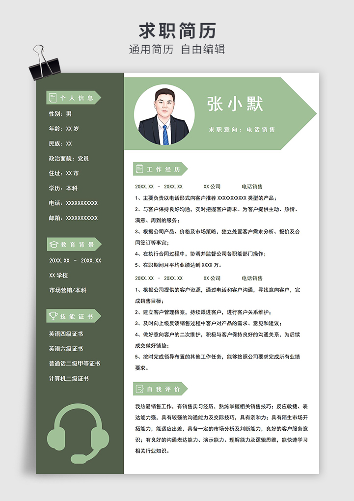 深绿色商务风电话销售简历模板插图