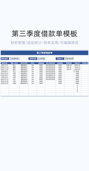 第三节度借款单模板excel表格