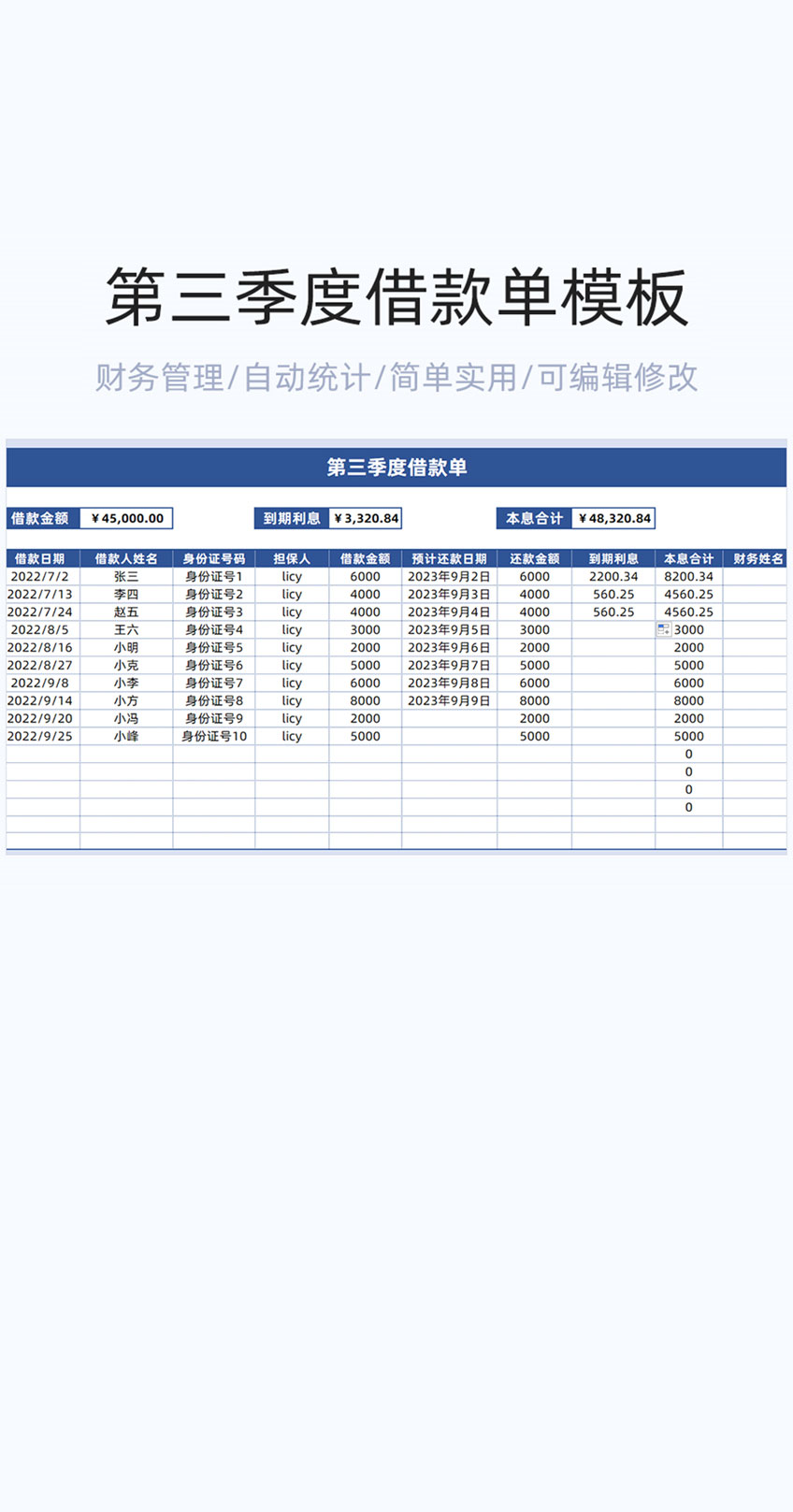 第三节度借款单模板excel表格插图