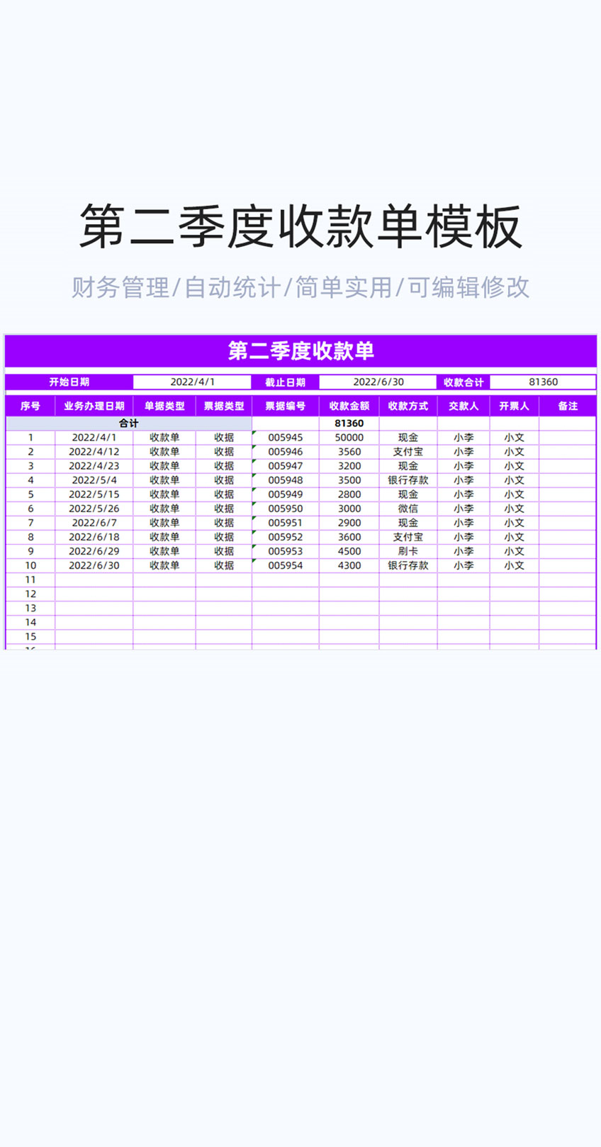 第二季度收款单模板excel表格插图