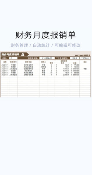 财务月度报销表格excel模版