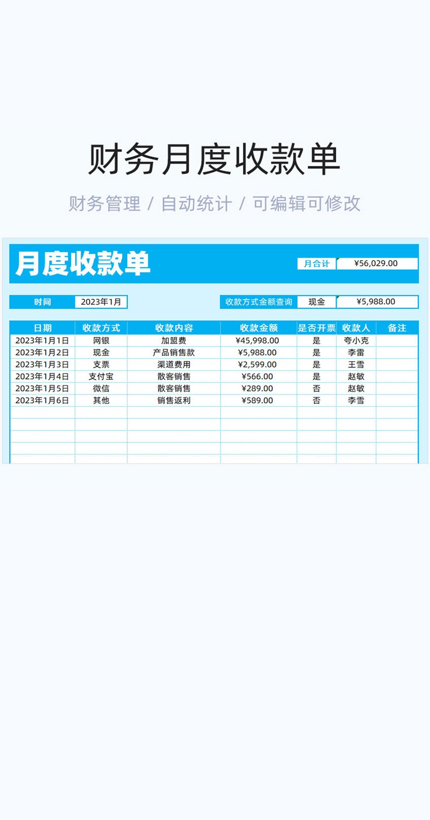 财务月度收款单模板excel表格插图