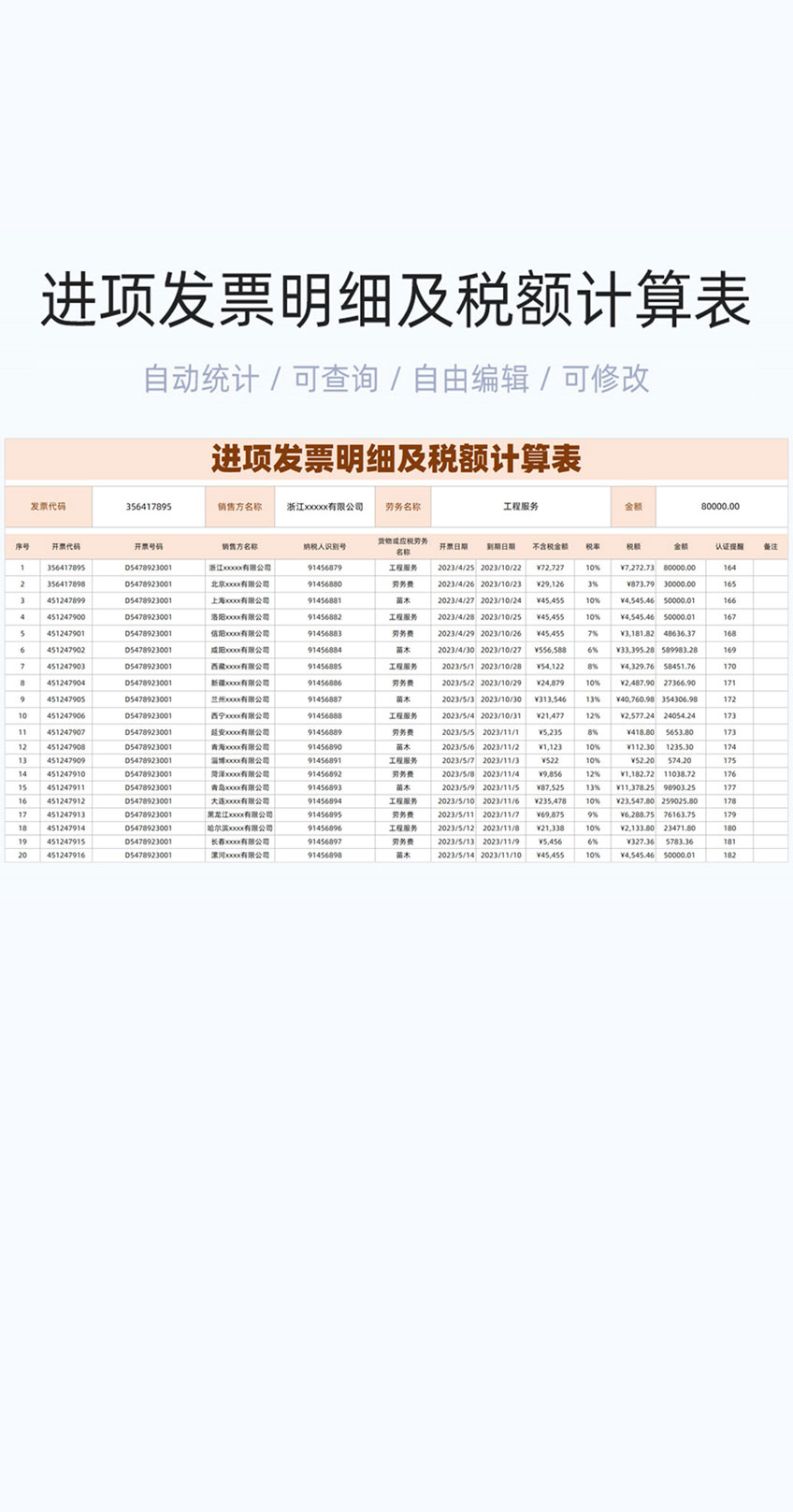 进项发票明细及税额计算表格excel模版插图