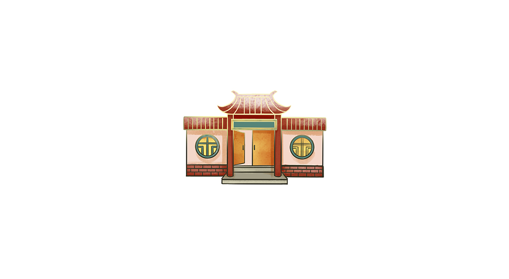 金褐色卡通中国风建筑房子手绘插画插图