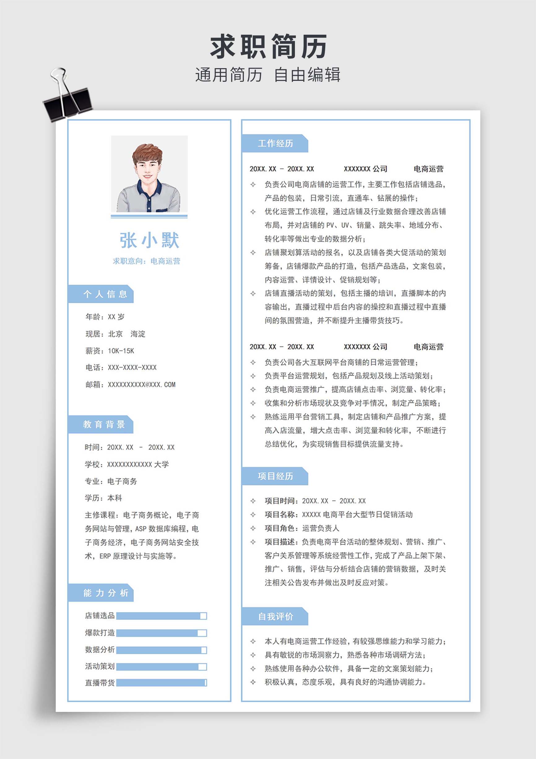 蓝色简约风电商运营单页求职简历模板插图