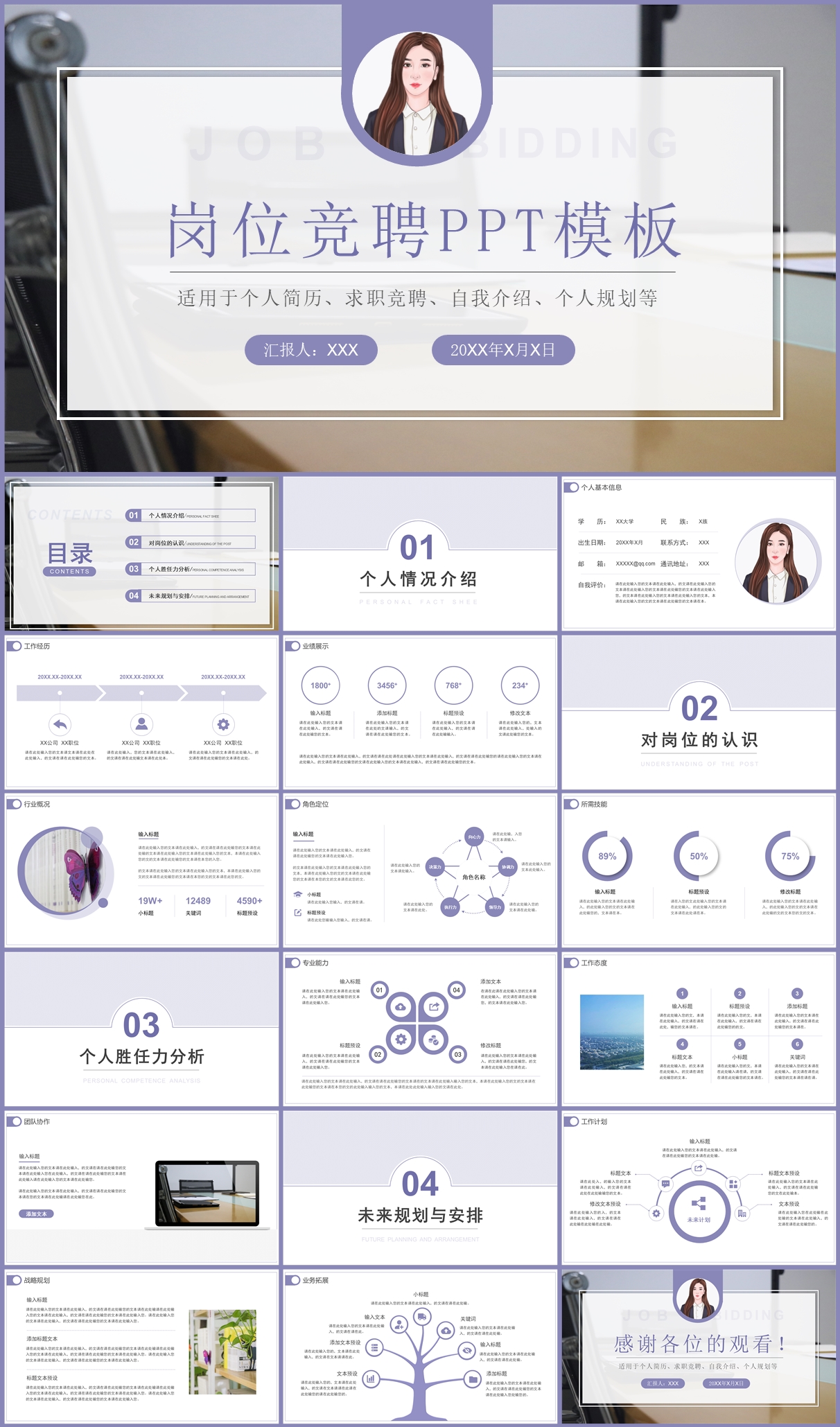 紫色简约岗位竞聘PPT模板插图