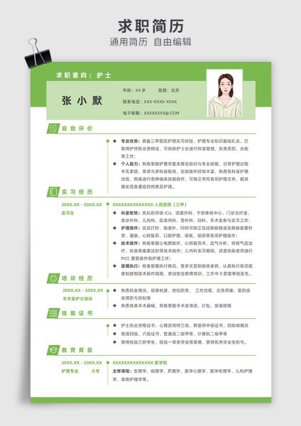 绿色商务风无学历优势护士单页求职简历模板