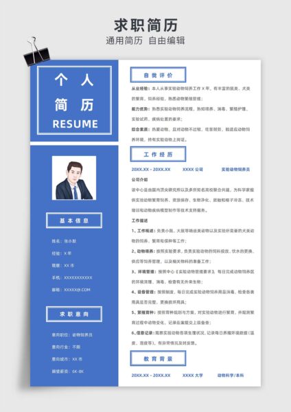 蓝色商务风动物育种、养殖单页求职简历模板