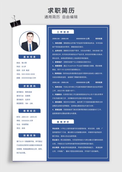 蓝色商务风销售、商务拓展工作单页求职简历模板