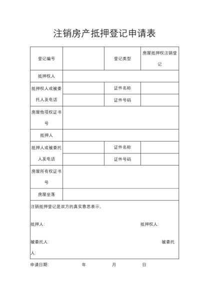 注销房产抵押登记申请表协议模板