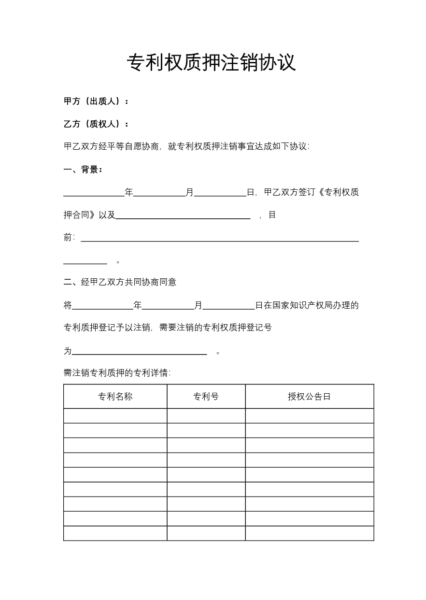 专利权质押注销协议模板