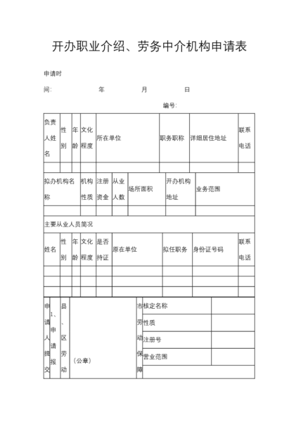 开办职业介绍、劳务中介机构申请表模板