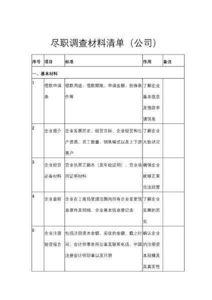 尽职调查材料清单