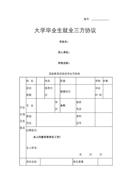 大学毕业生就业三方协议