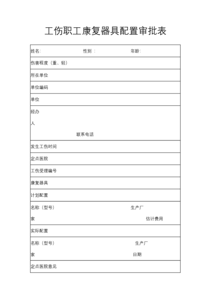 工伤职工康复器具配置审批表模板