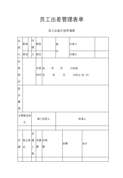 员工出差计划申请表模板