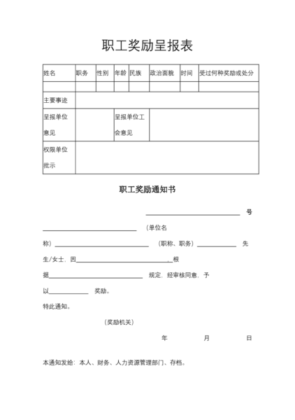 职工奖励呈报表模板