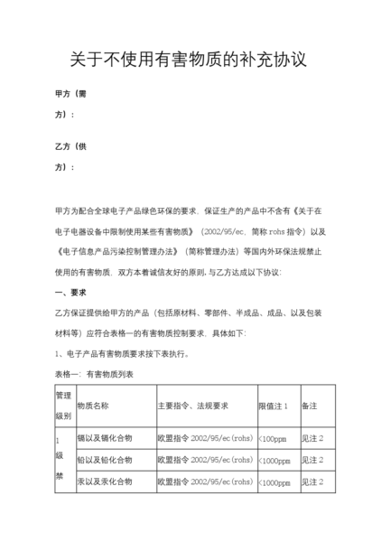 关于不使用有害物质的补充协议模板