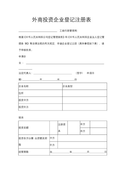 外商投资企业登记注册表