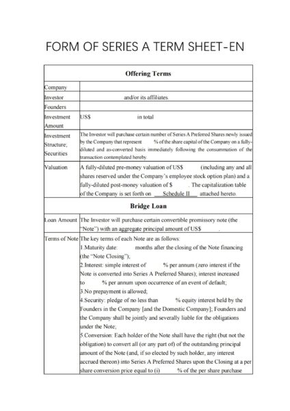 FORM OF SERIES A TERM SHEET