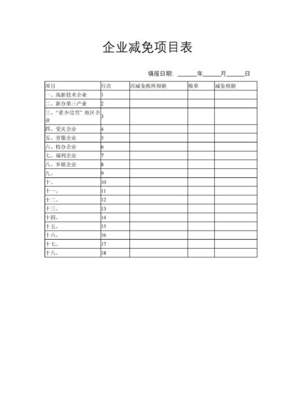 企业减免项目表